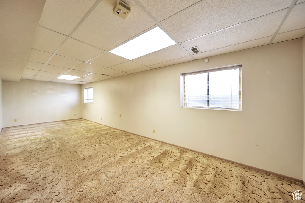 Basement featuring a drop ceiling, carpet, and baseboards