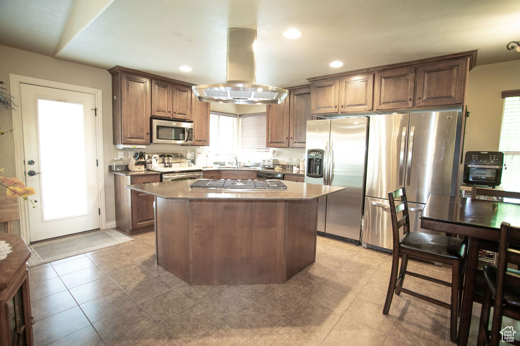 Kitchen with appliances with stainless steel finishes, island range hood, a kitchen island, recessed lighting, and plenty of natural light