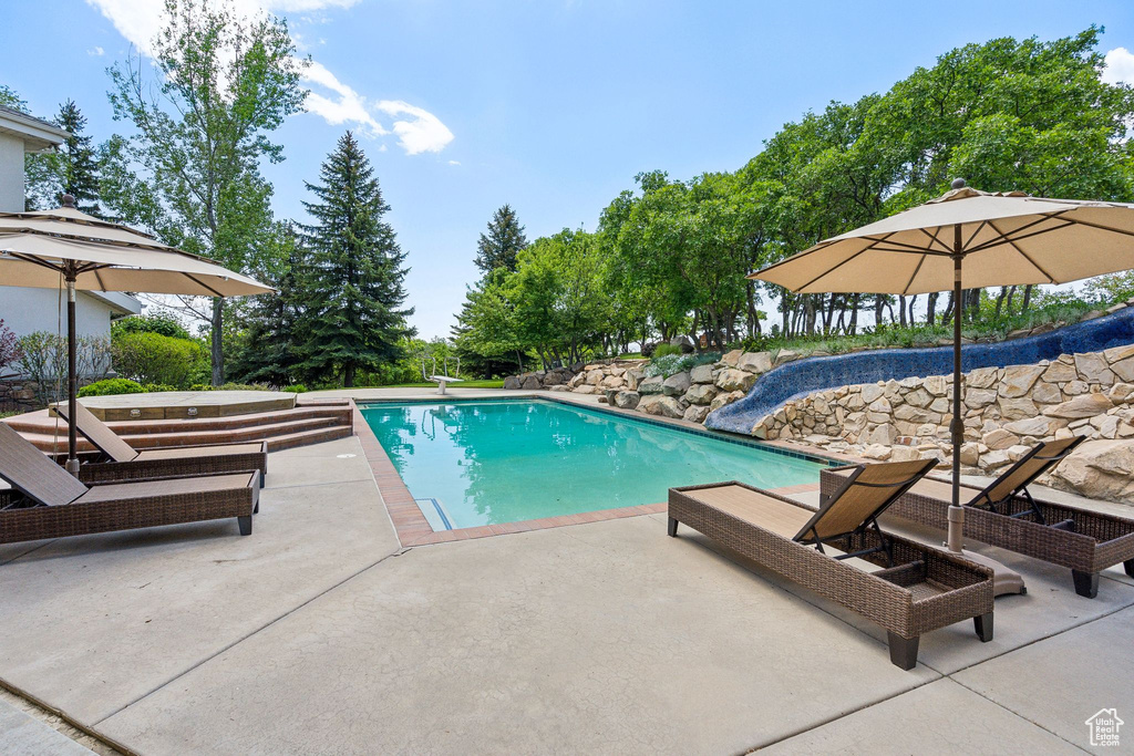 Outdoor pool with a patio and a diving board