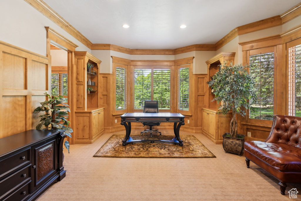 Office space with a decorative wall, light colored carpet, ornamental molding, recessed lighting, and wainscoting