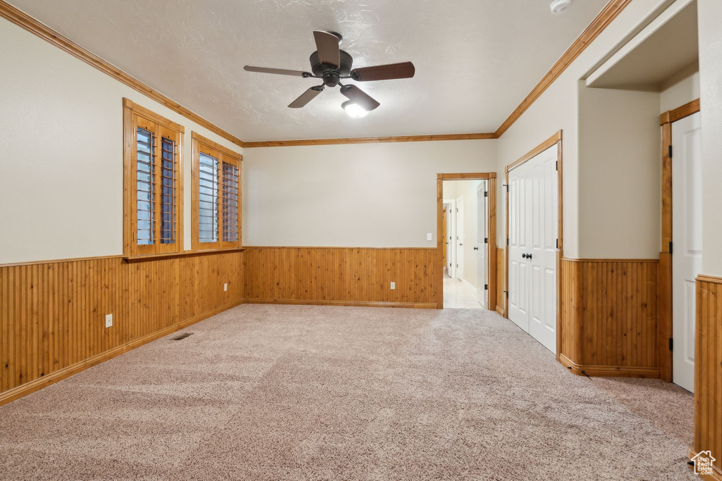 Carpeted spare room featuring wainscoting, a ceiling fan, wood walls, and ornamental molding