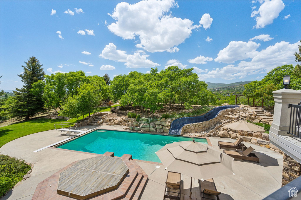 Swimming pool with a patio and a diving board