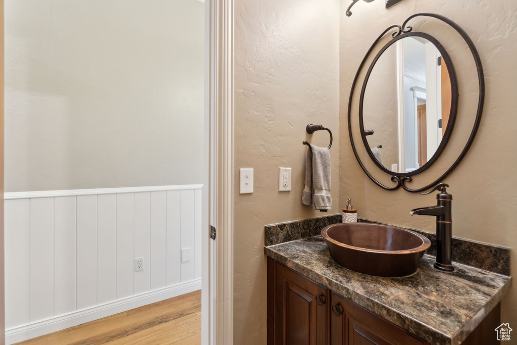 Bathroom with wood finished floors and vanity