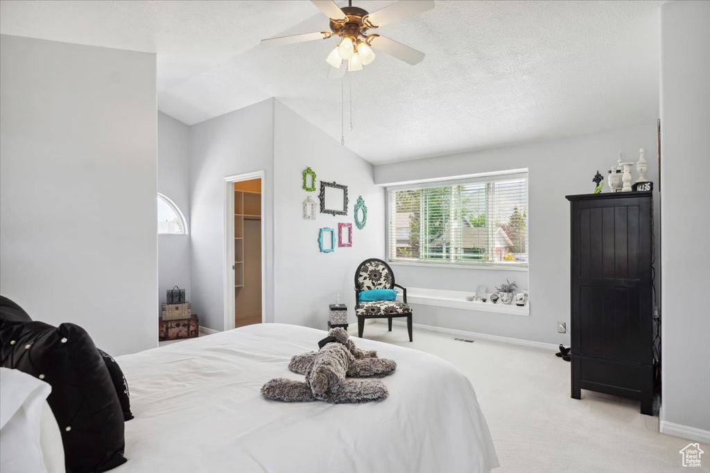 Carpeted bedroom featuring a ceiling fan, a walk in closet, lofted ceiling, and baseboards