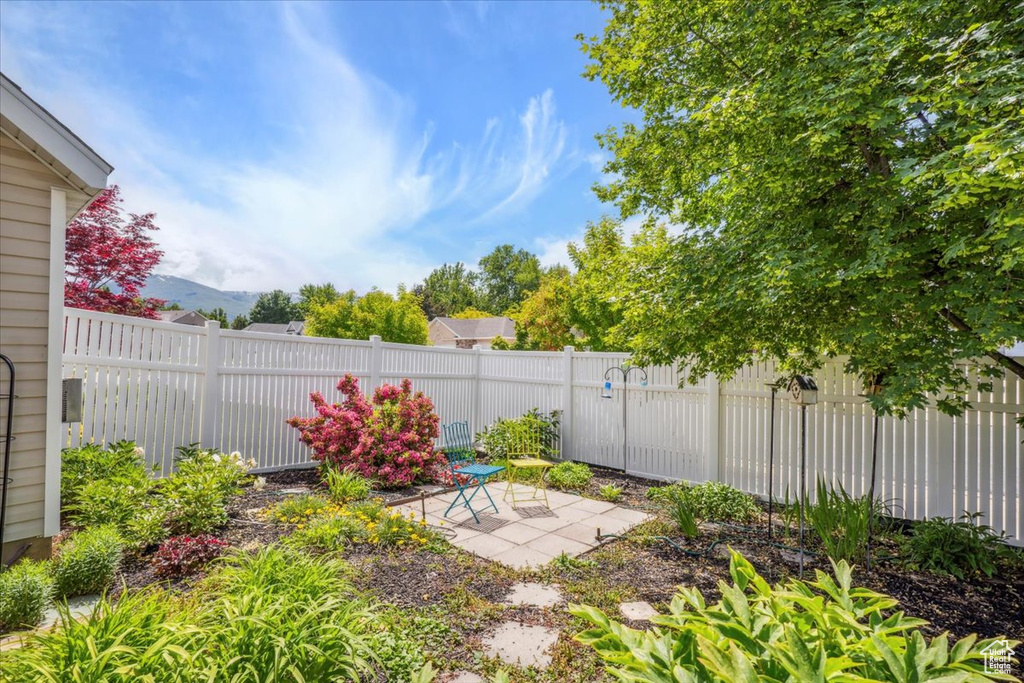 Fenced backyard featuring a patio and a mountain view