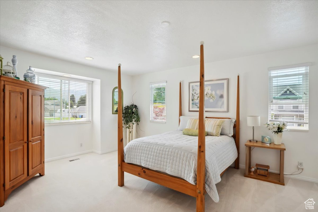 Bedroom featuring light colored carpet, multiple windows, a textured ceiling, baseboards, and recessed lighting