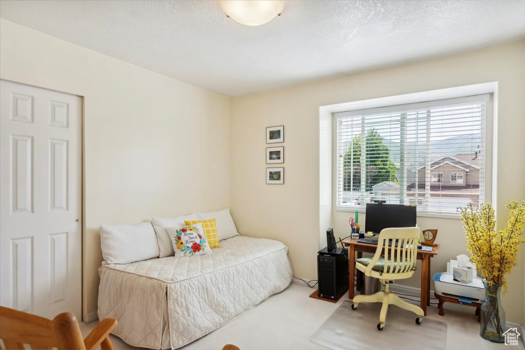 Carpeted bedroom with a desk