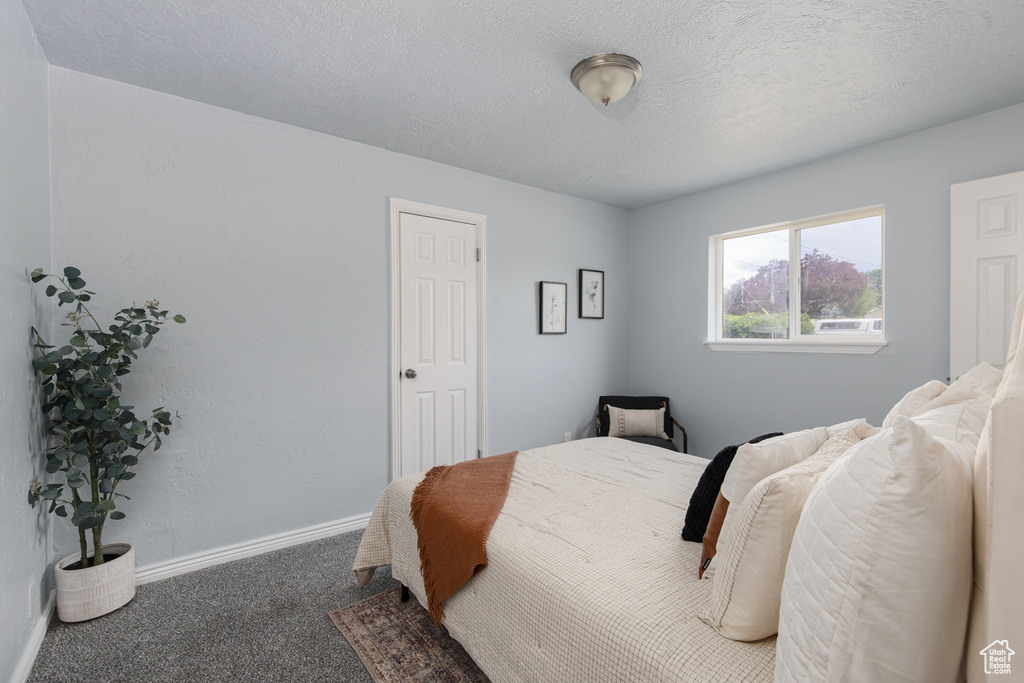 Carpeted bedroom with baseboards and a textured ceiling