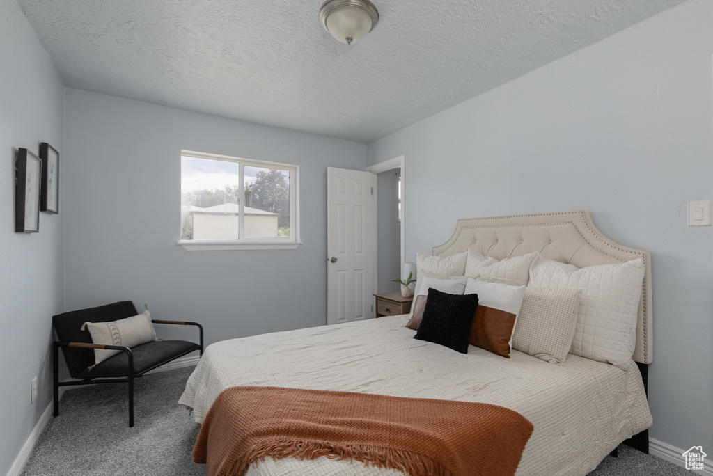 Carpeted bedroom with baseboards and a textured ceiling