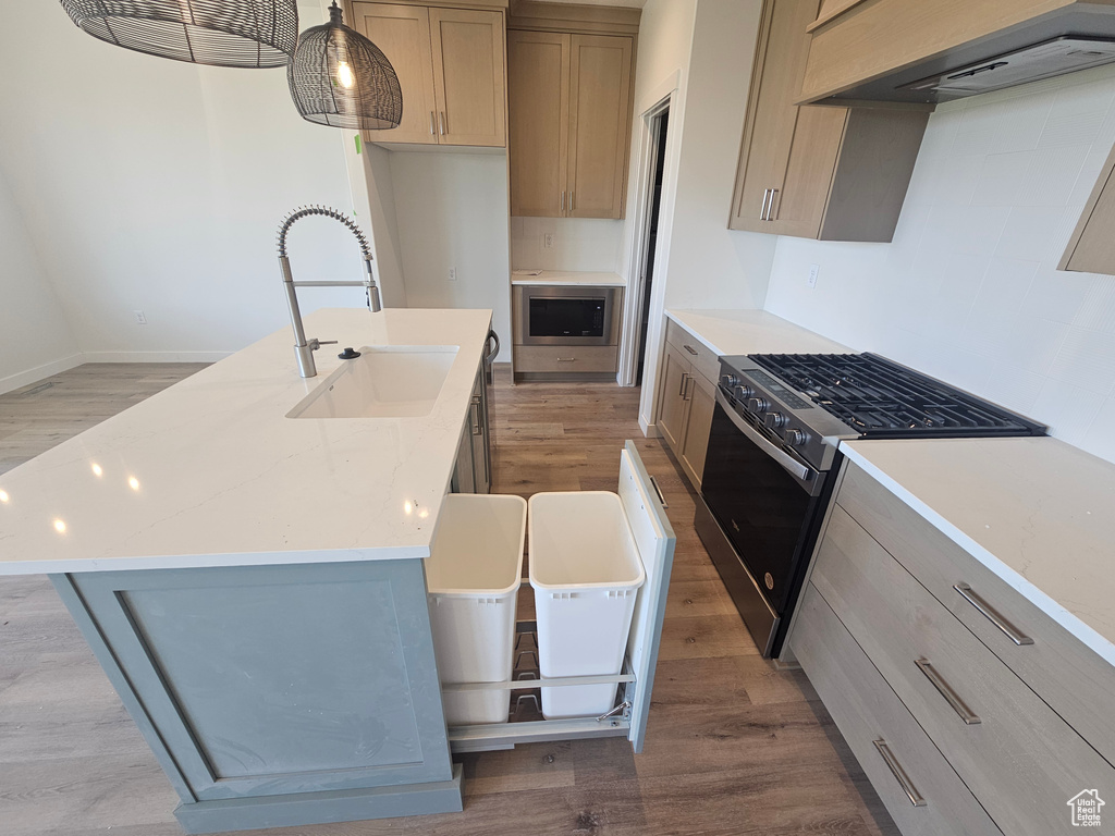 Kitchen featuring gas range, range hood, stainless steel microwave, a sink, and wood finished floors