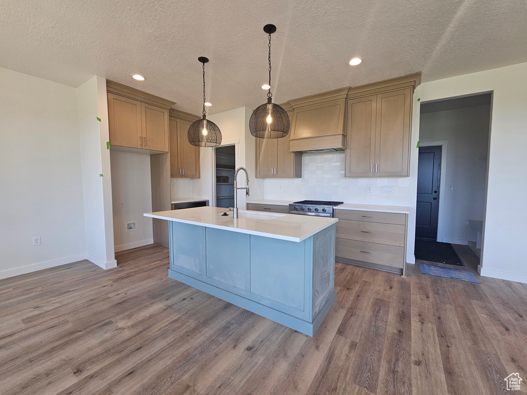 Kitchen with a textured ceiling, a sink, baseboards, wood finished floors, and tasteful backsplash