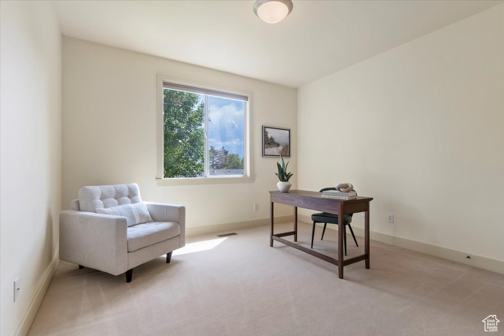 Office featuring light colored carpet and baseboards