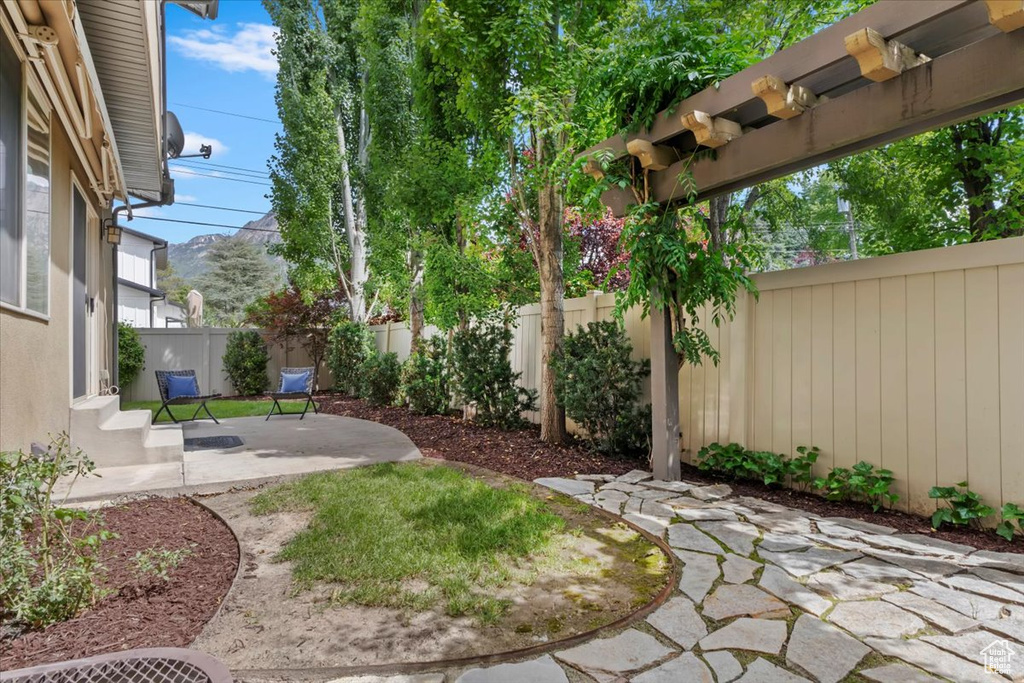 Fenced backyard with a patio area