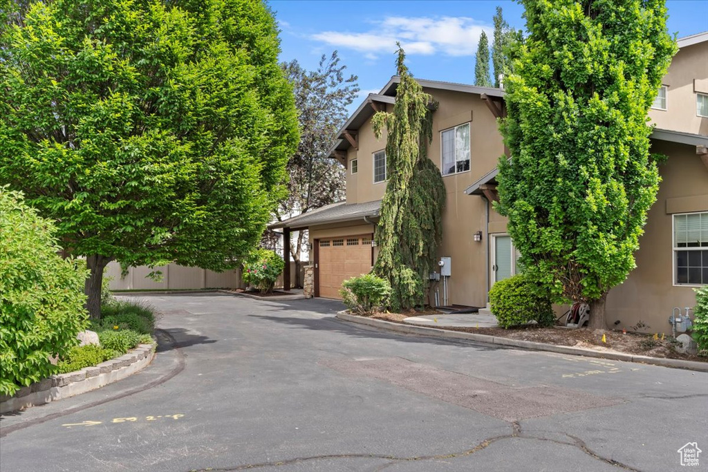 View of property hidden behind natural elements featuring stucco siding, a garage, and asphalt driveway