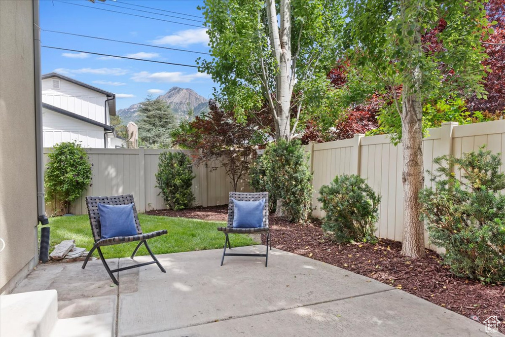 Fenced backyard featuring a mountain view and a patio area