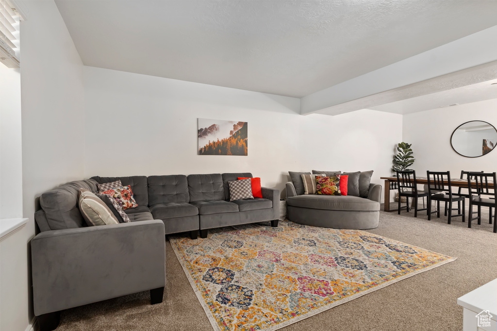 Living area with carpet flooring