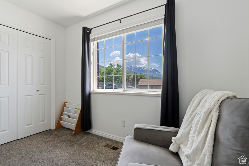 Living area featuring carpet floors and baseboards
