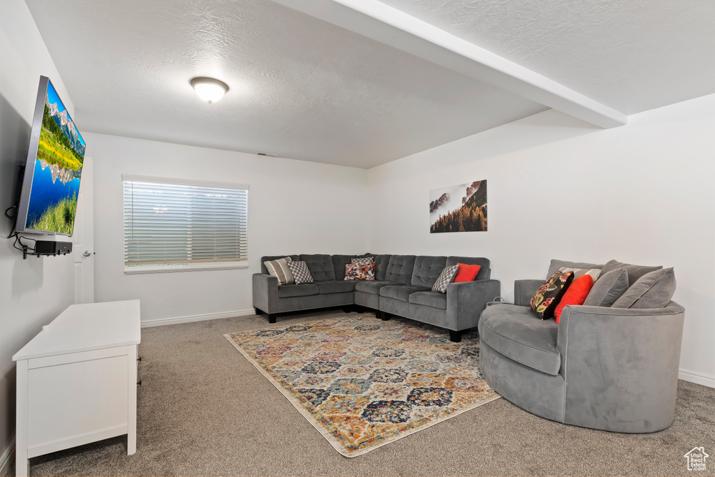 Living room featuring carpet, a textured ceiling, baseboards, and beam ceiling