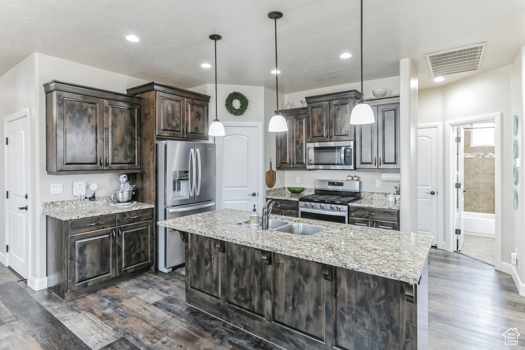 Kitchen with appliances with stainless steel finishes, a sink, dark brown cabinetry, dark wood-type flooring, and recessed lighting