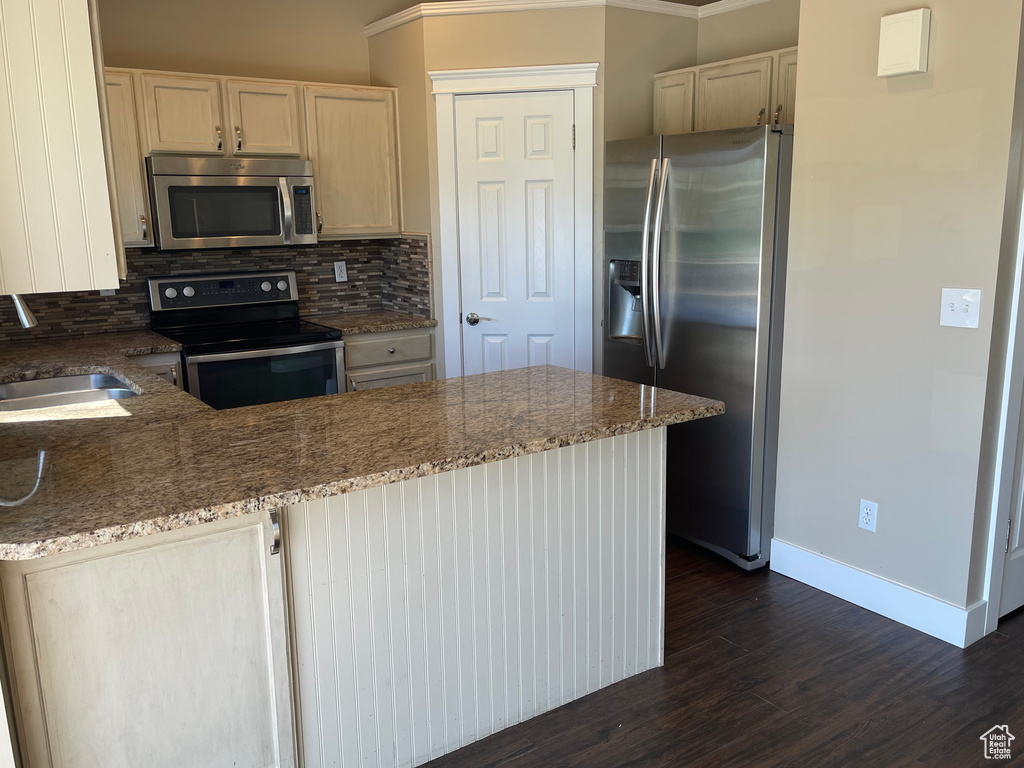 Kitchen with stainless steel appliances, a sink, tasteful backsplash, a peninsula, and dark wood-style flooring