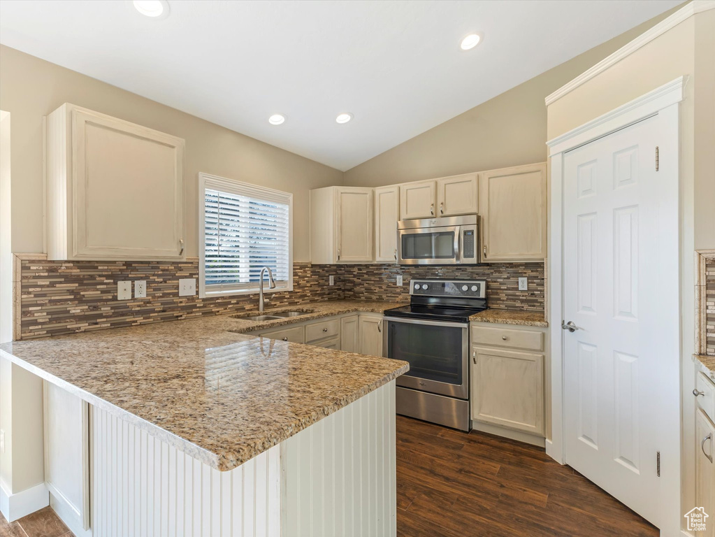Kitchen featuring appliances with stainless steel finishes, a sink, a peninsula, dark wood-type flooring, and tasteful backsplash