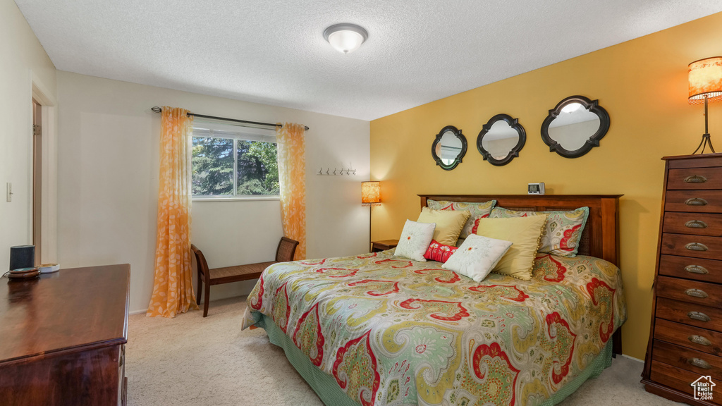 Carpeted bedroom with a textured ceiling