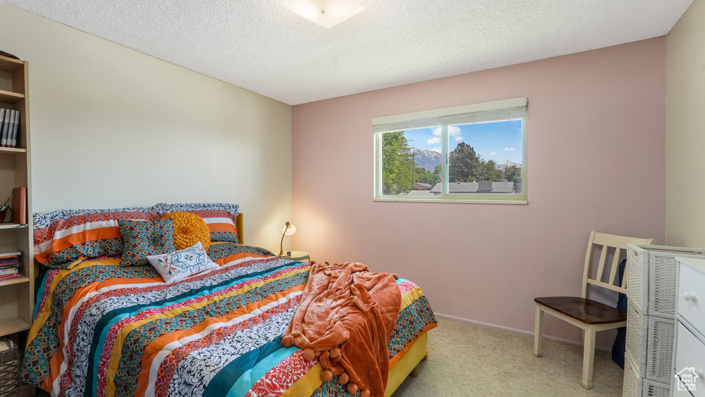 Bedroom with carpet, a textured ceiling, and baseboards