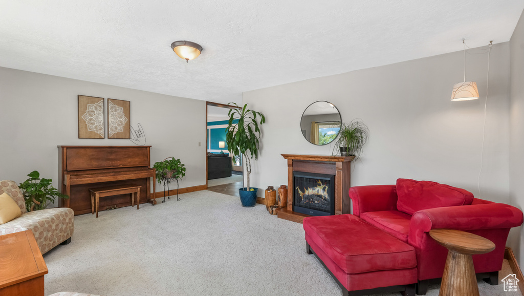Living room with a lit fireplace, carpet, and baseboards