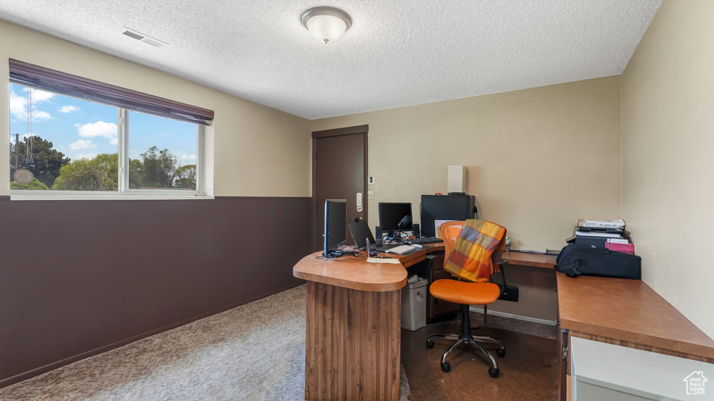 Home office featuring a textured ceiling and carpet