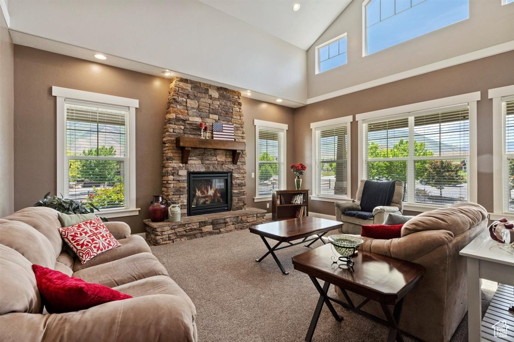 Living room featuring a fireplace and high vaulted ceiling