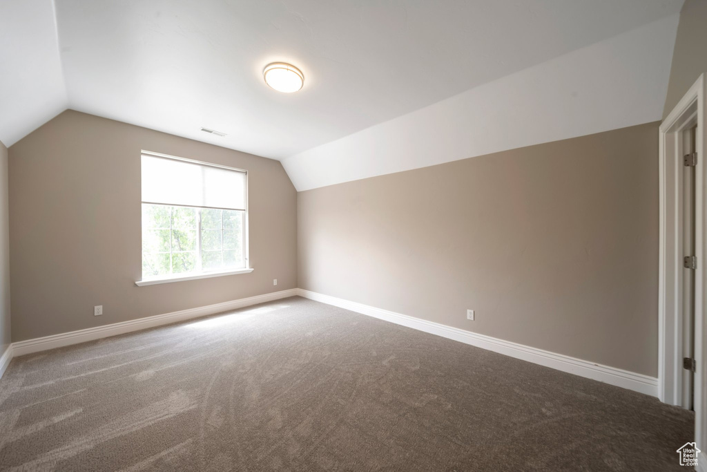 Additional living space with lofted ceiling, carpet floors, and baseboards