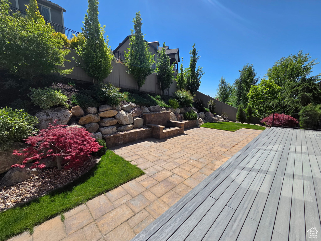 Fenced backyard with a patio