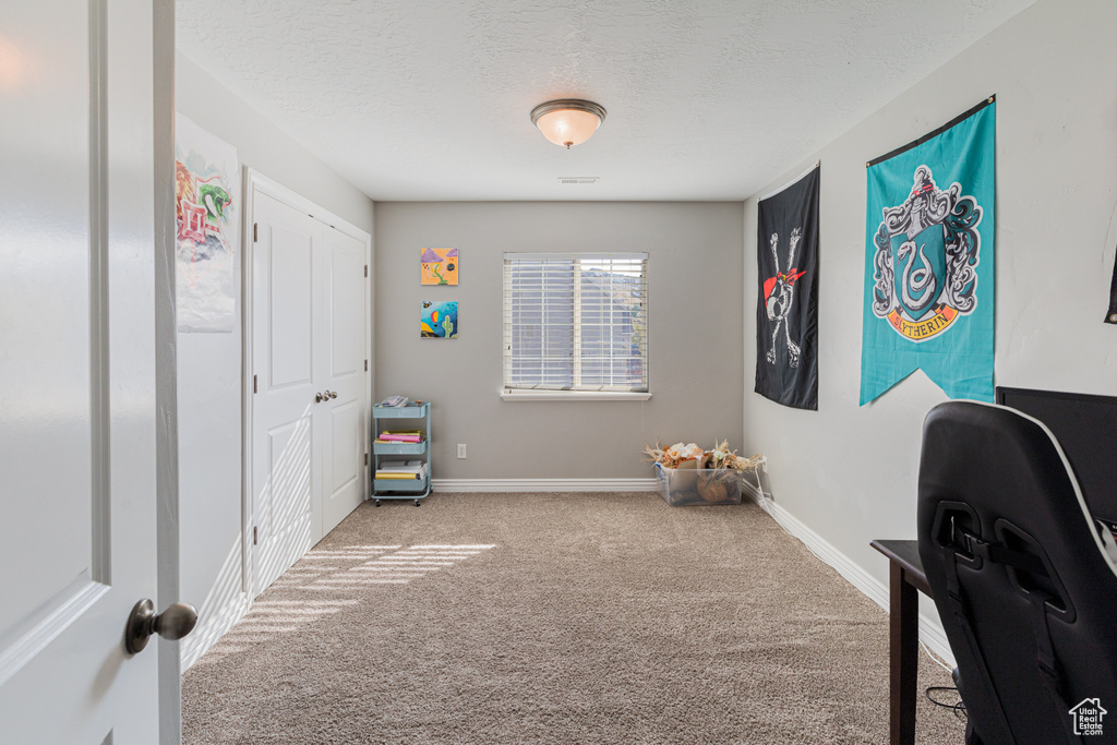 Rec room with carpet, an office area, baseboards, and a textured ceiling