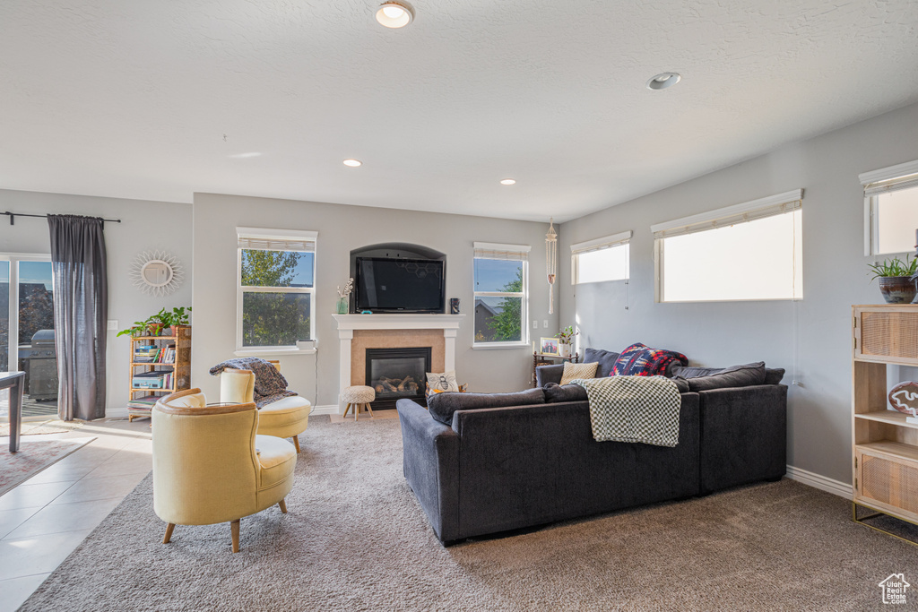 Living area with plenty of natural light, a glass covered fireplace, recessed lighting, and baseboards