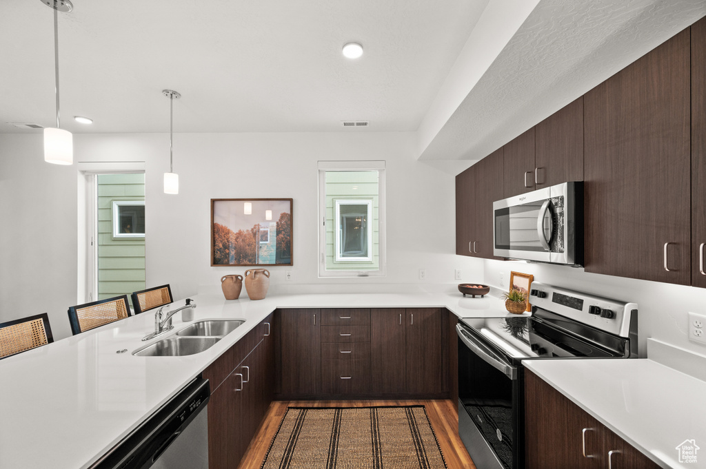 Kitchen featuring stainless steel appliances, a sink, light countertops, dark brown cabinetry, and recessed lighting