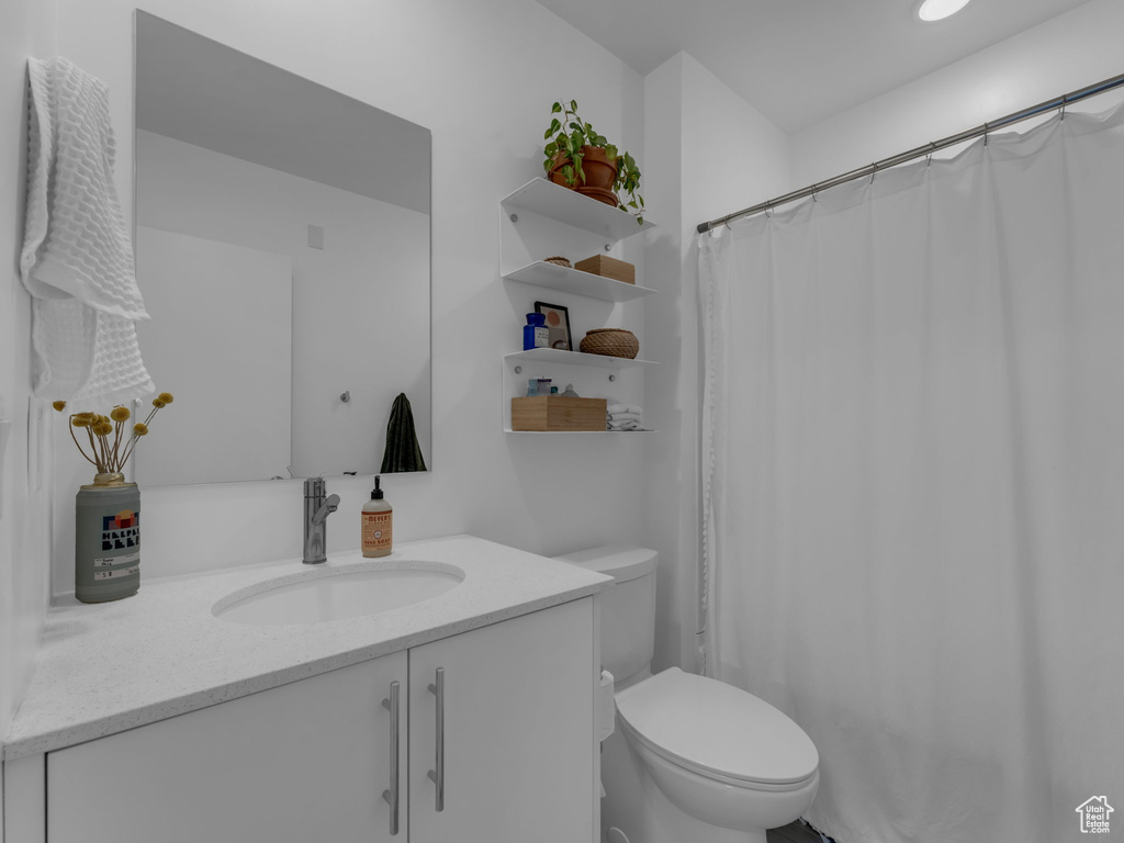 Bathroom with vanity, toilet, and a shower with shower curtain