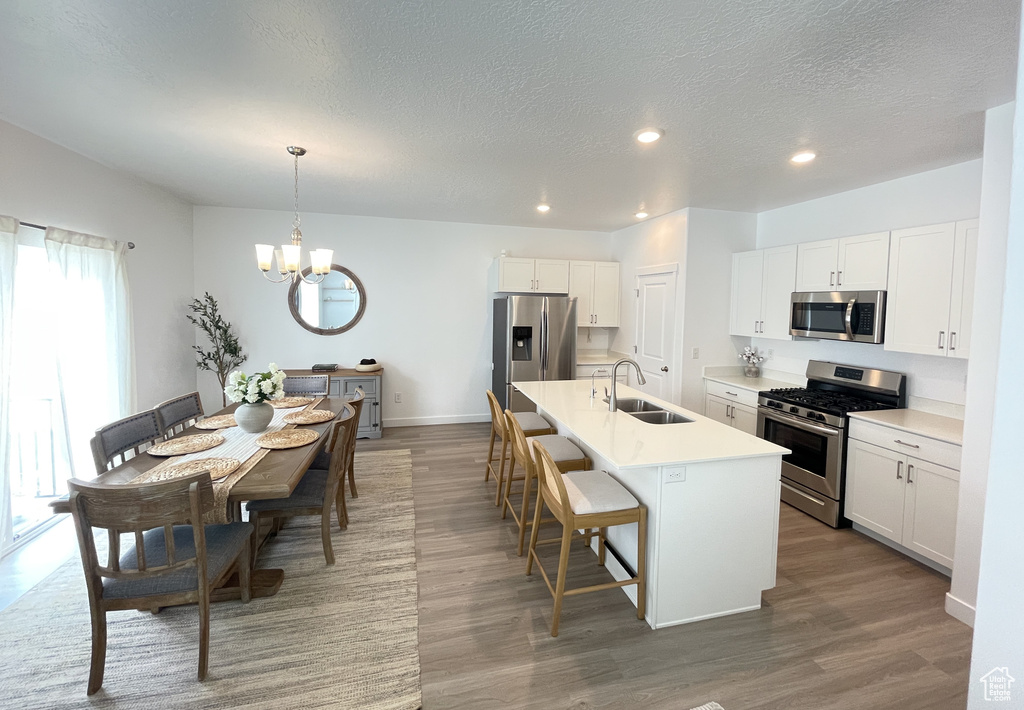 Kitchen featuring stainless steel appliances, a sink, a chandelier, a breakfast bar area, and a kitchen island with sink