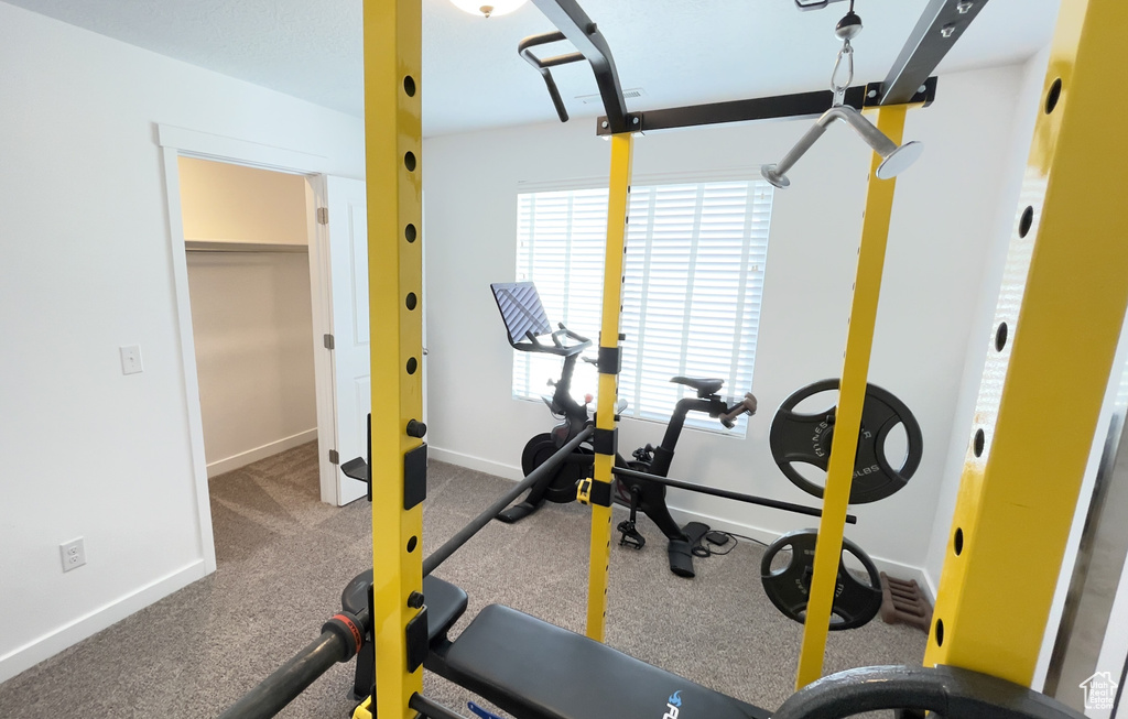 Workout area with baseboards and carpet flooring