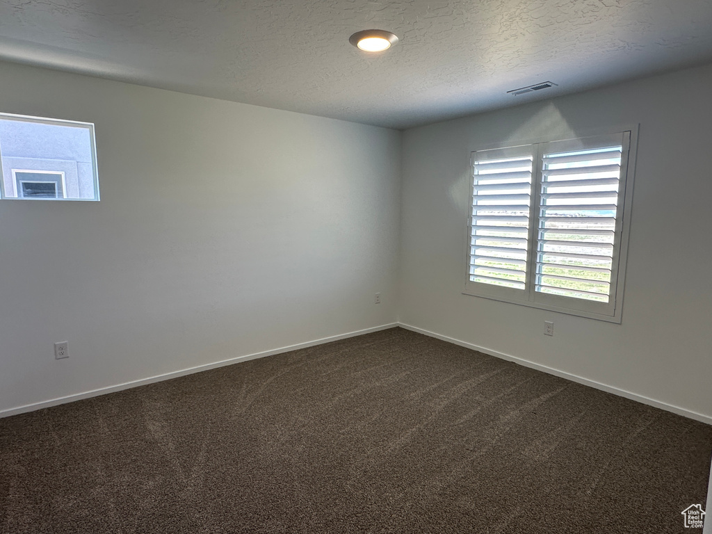 Spare room with a textured ceiling, plenty of natural light, dark colored carpet, and baseboards