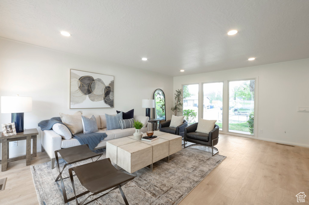 Living room featuring light wood finished floors and recessed lighting