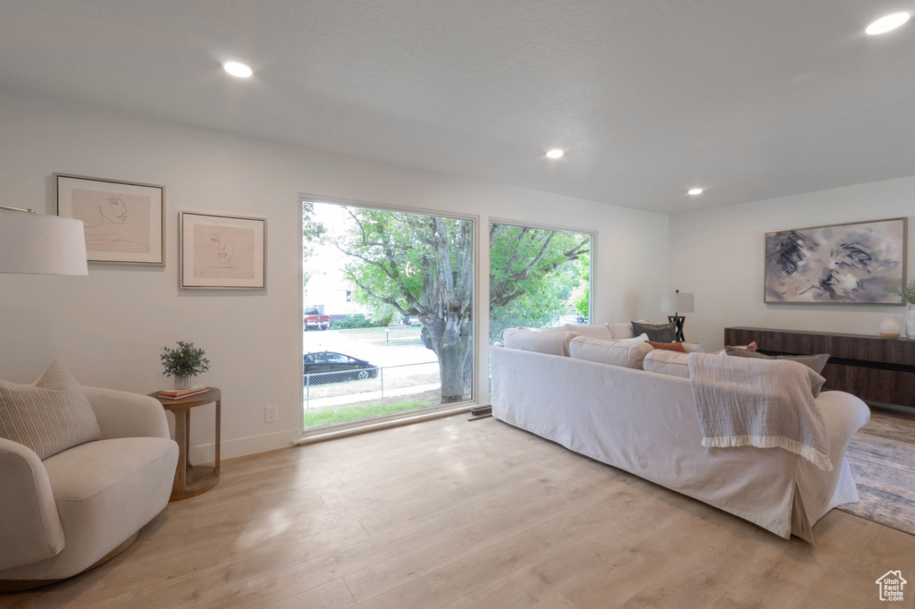 Living room with light wood-type flooring, recessed lighting, and baseboards