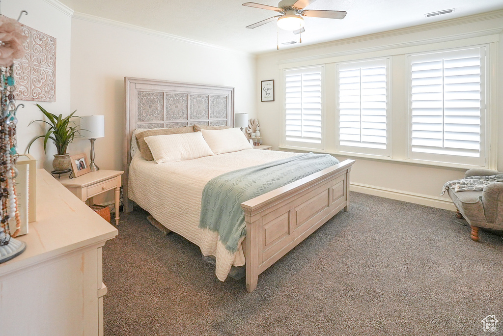 Bedroom featuring ornamental molding, carpet, a ceiling fan, and baseboards