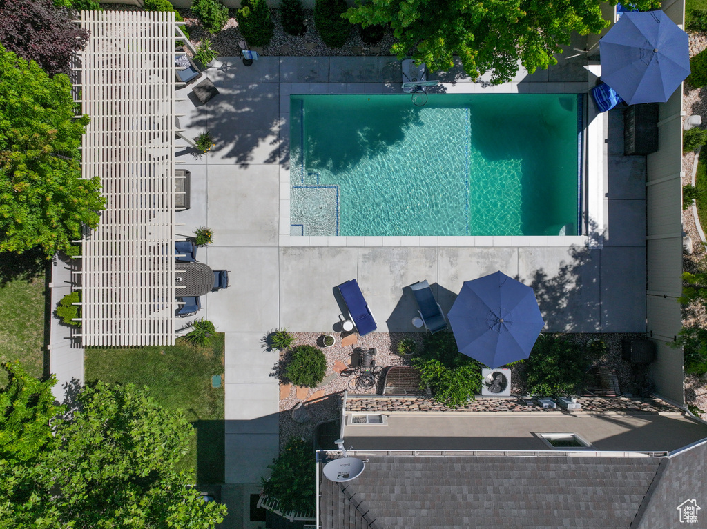 Drone / aerial view of a pool