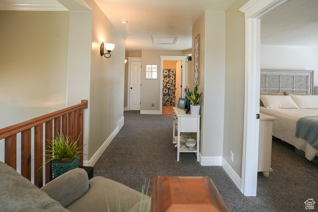 Hall featuring carpet floors, attic access, and baseboards