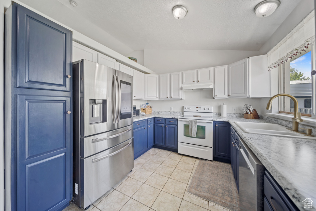 Kitchen with appliances with stainless steel finishes, a sink, vaulted ceiling, under cabinet range hood, and blue cabinets