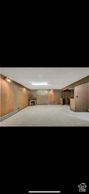 Finished basement with a textured ceiling, carpet flooring, wood walls, and a baseboard radiator