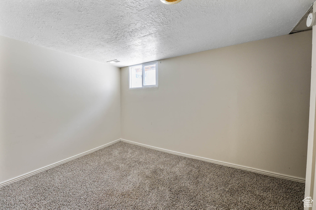Below grade area with carpet flooring, baseboards, and a textured ceiling