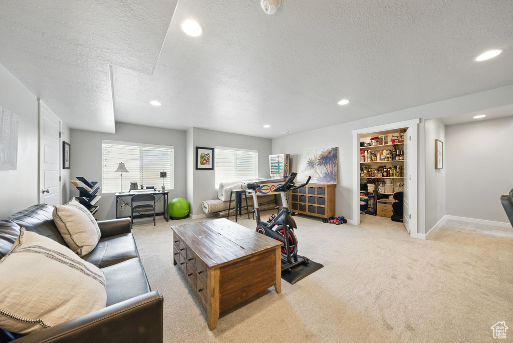 Living area featuring carpet flooring, a textured ceiling, baseboards, and recessed lighting