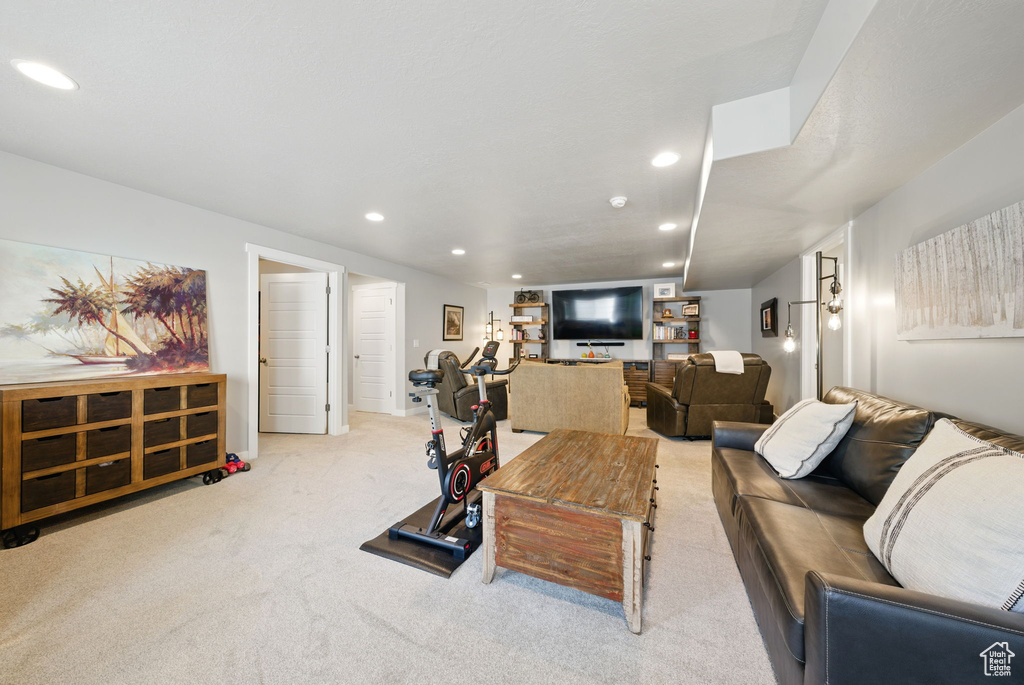Living area featuring recessed lighting and carpet