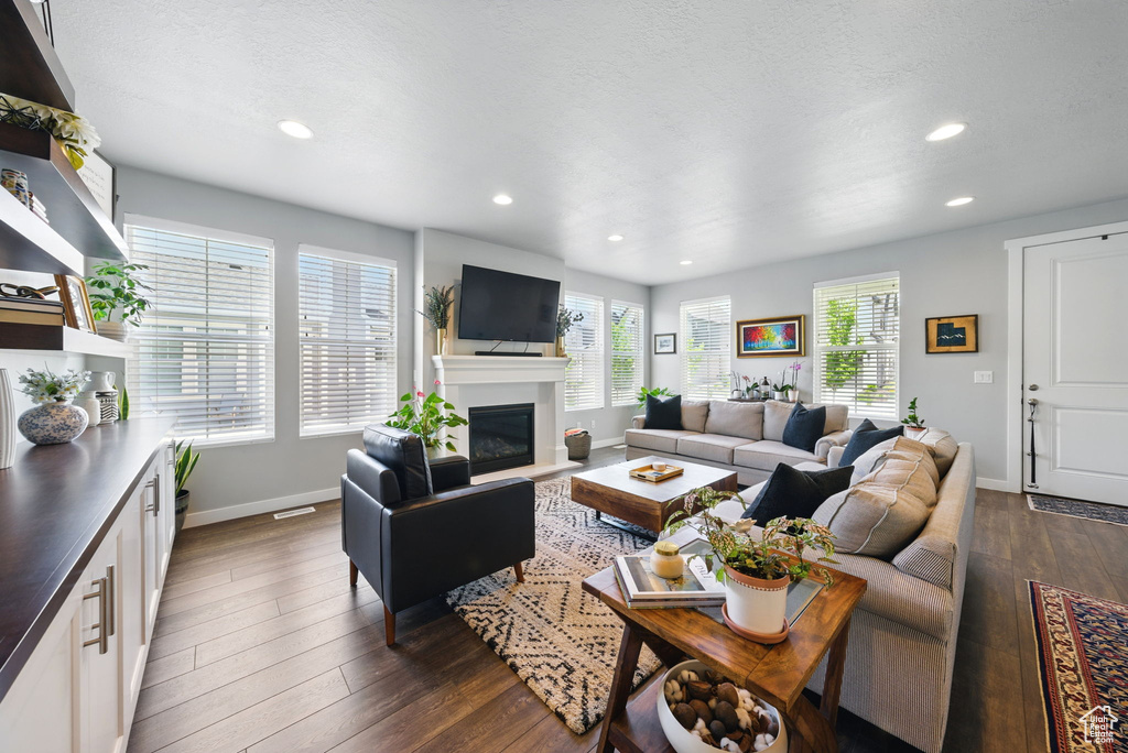 Living room with dark wood-style floors, healthy amount of natural light, a glass covered fireplace, recessed lighting, and baseboards